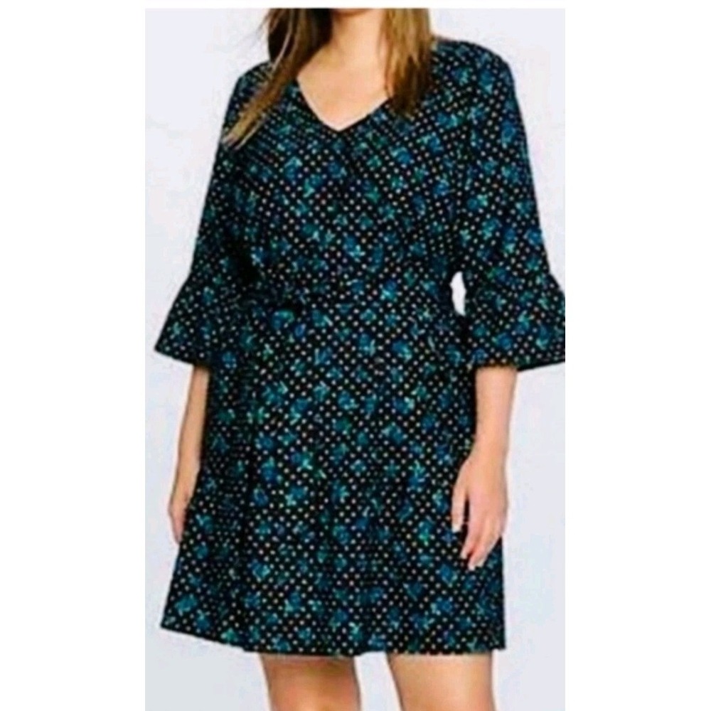 Draper James Eloquii Dress Size‎ 12 Floral Black Polka Dot Belted Flounce